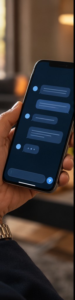 Mão segurando um celular com uma conversa aberta
