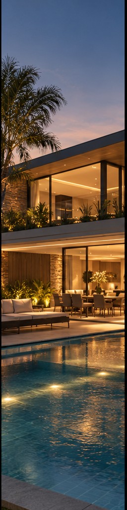 Casa com piscina iluminada ao entardecer