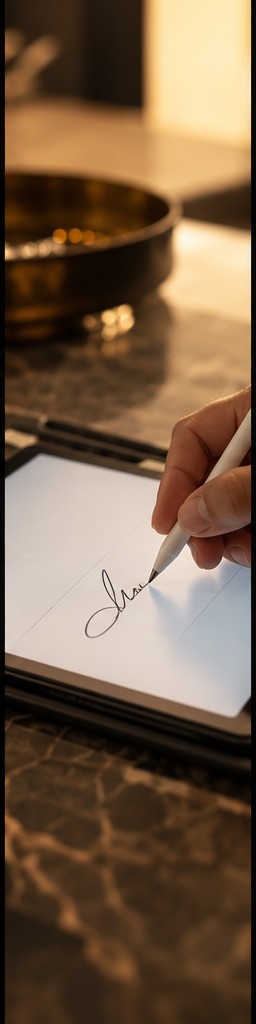 Mão assinando um documento num tablet